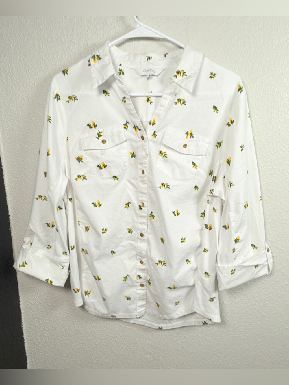 Coral Bay White Shirt with Yellow Floral Sprigs and Green Leaves